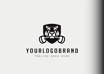 Training Camp Logo Design Inspiration. Tiger Biting a barbell Vector Illustration. Modern Icon Design Vector Template with Line Style