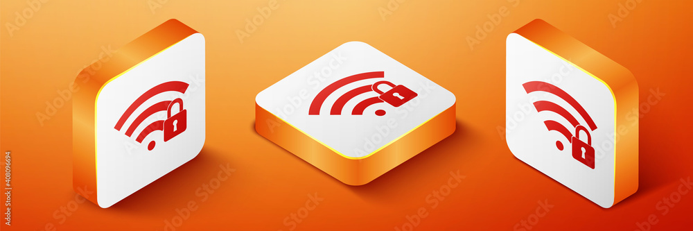 Poster isometric wifi locked icon isolated on orange background. password wi-fi symbol. wireless network ic