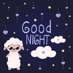 Fototapeta na wymiar Good night greeting card for kids with cute cartoon animal character lamb with clouds and stars on dark background