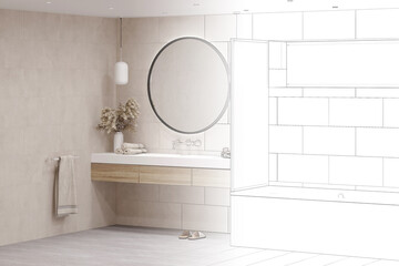 The sketch becomes a real beige bathroom with a window above the bathtub with a partition, pampas...