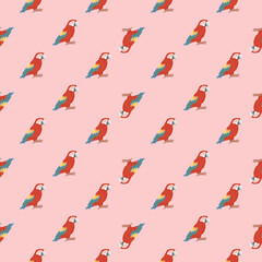 Cute childish seamless animal pattern with red parrot ara ornament. Pink background. Bird doodle artwork.
