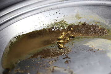 gold nuggets in a metal gold pan