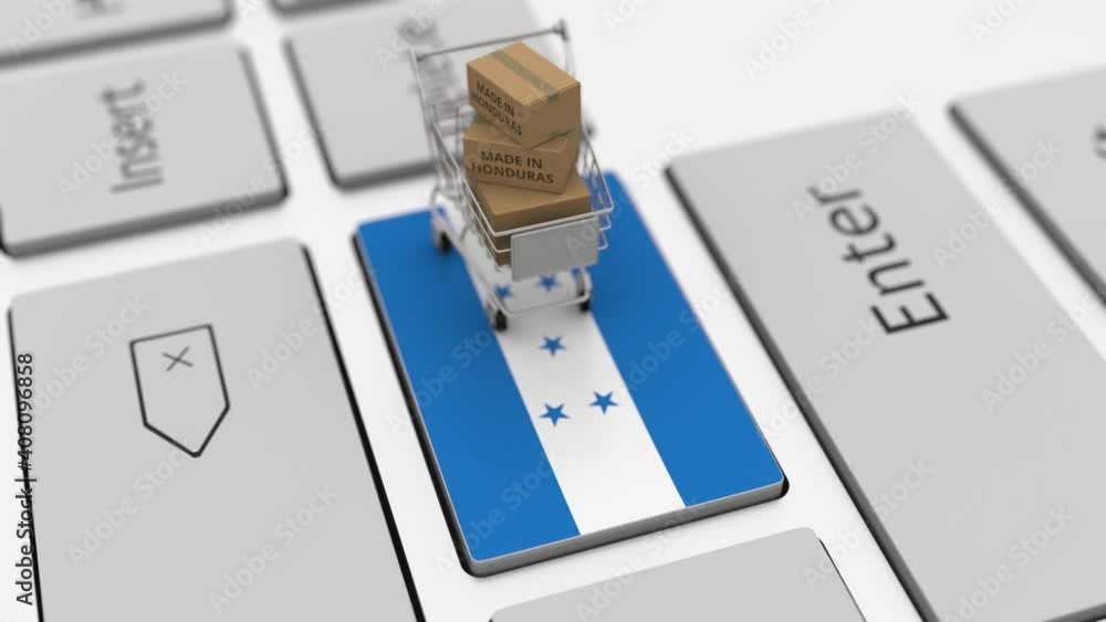Poster boxes with made in honduras text and shopping cart on the keyboard. conceptual looping 3d animation