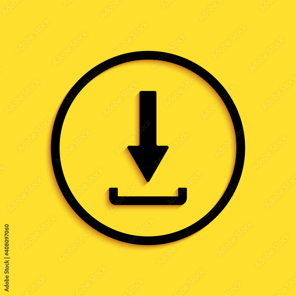 Poster black download icon isolated on yellow background. upload button. load symbol. arrow point to down. 