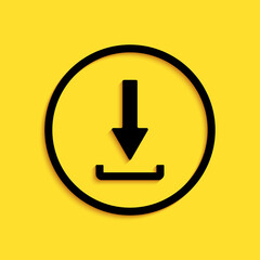 Black Download icon isolated on yellow background. Upload button. Load symbol. Arrow point to down. Long shadow style. Vector.