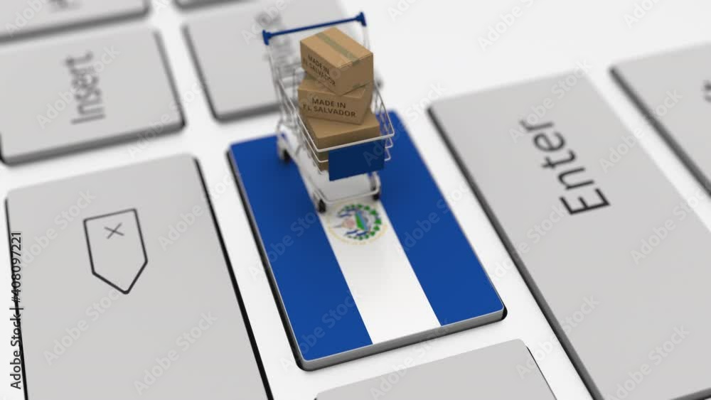 Aufkleber cartons with made in el salvador text and shopping cart on the computer keyboard. conceptual looping