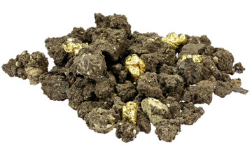 paydirt with some gold nuggets isolated on white background