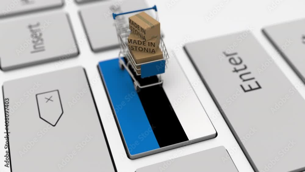 Poster boxes with made in estonia text and shopping cart on the keyboard. conceptual looping 3d animation
