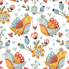 Cute little bird and flower seamless vector pattern on white backgound. Floral ornate folk art cartoon wallpaper ornament.