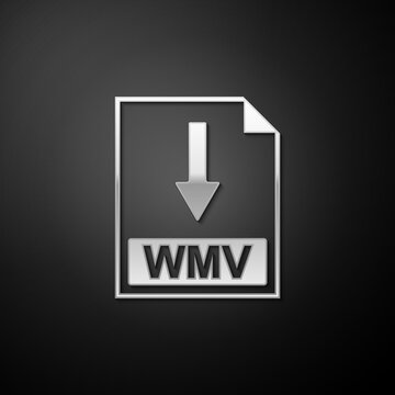 Silver WMV file document icon. Download WMV button icon isolated on black background. Long shadow style. Vector.