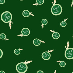 Random seamless pattern with cartoon bright apple half silhouettes. Green dark background. Food backdrop.