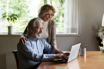 Happy mature man and woman wearing glasses using laptop together, chatting with relatives or...