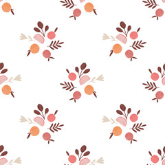 Isolated seamless pattern with pink apple silhouettes and foliage. White background. Simple design.