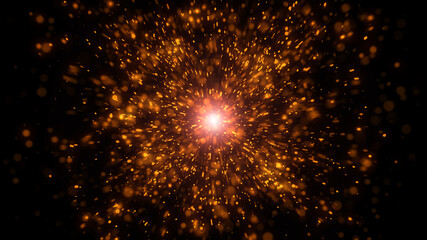 Red or orange glowing light glitter background effect. Fire sparkling magic star dust sparks light effect in explosion in the night sky background.