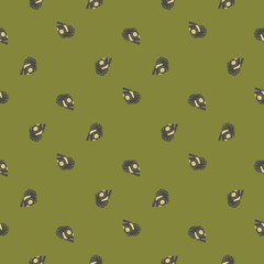 Cartoon seamless pattern with little skull silhouettes. Green olive background. Scary print.