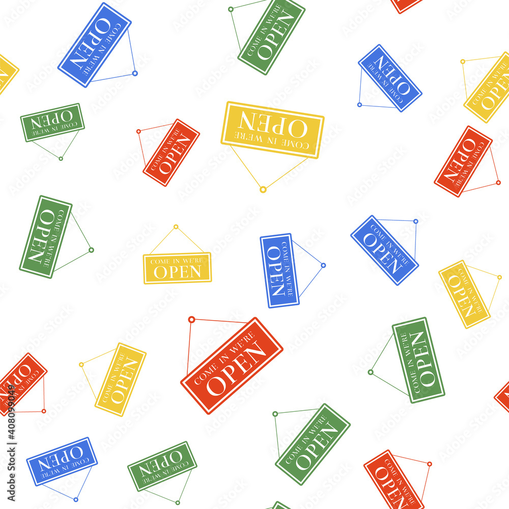 Poster color hanging sign with text come in we're open icon isolated seamless pattern on white background. 