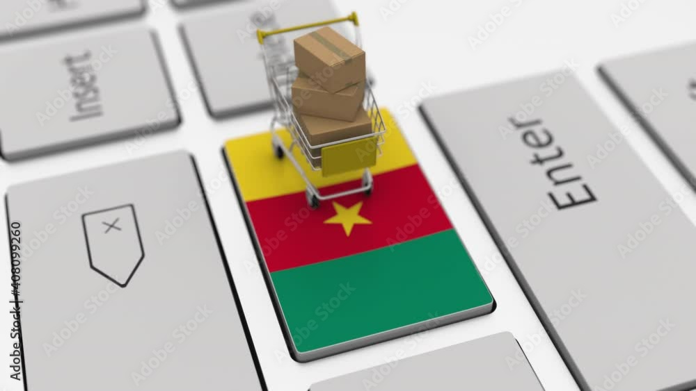Poster computer keyboard key with flag of cameroon and shopping cart with cartons, looping online shopping 