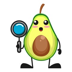 vector illustration of cute avocado fruit or character holding magnifying glass. cute avocado fruit Concept White Isolated. Flat Cartoon Style Suitable for Landing Page, Banner, Flyer, Sticker.