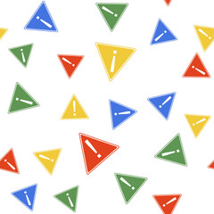 Color Exclamation mark in triangle icon isolated seamless pattern on white background. Hazard warning, careful, attention, danger warning important information. Vector.