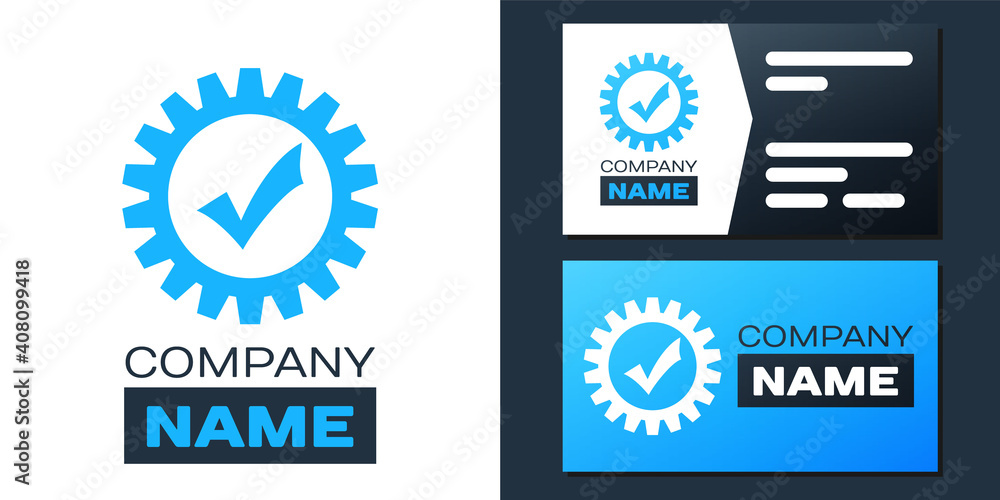 Poster logotype gear with check mark icon isolated on white background. cogwheel simple icon. approved serv