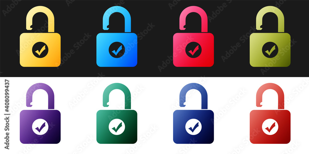 Poster set open padlock icon isolated on black and white background. opened lock sign. cyber security conce