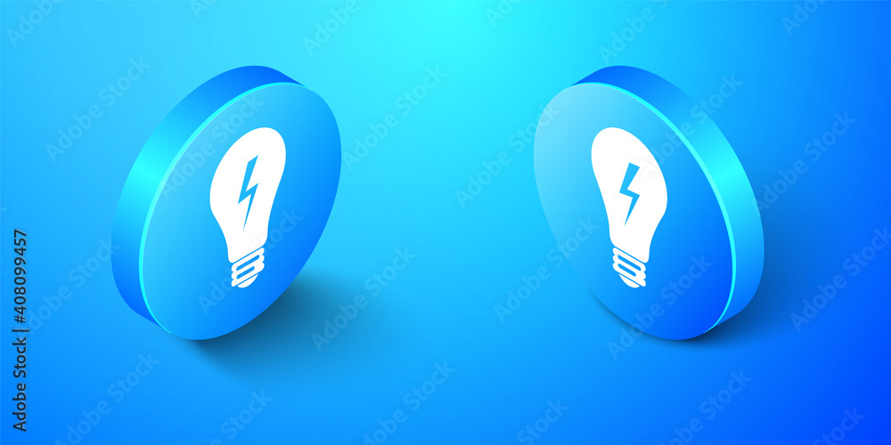 Aufkleber isometric light lamp sign. bulb with lightning symbol icon isolated on blue background. idea symbol.