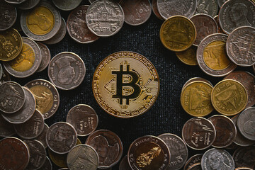Golden bitcoin on money coin, Crypto Currency background concept. 
