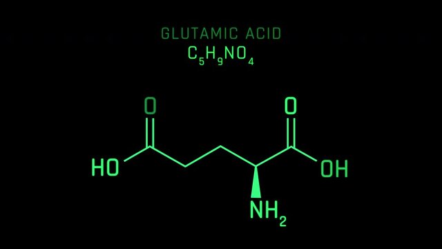 Glutamic Acid or Glutamate Molecular Structure Symbol Neon Animation on black background