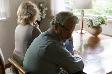 Close up frustrated offended mature man and woman ignoring each other after quarrel, sitting back to back, not talking, upset elderly man thinking about relationship problems, family crisis conflict