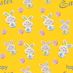 Easter ginger cookies isolated on yellow.