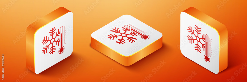 Poster isometric thermometer with snowflake icon isolated on orange background. orange square button. vecto