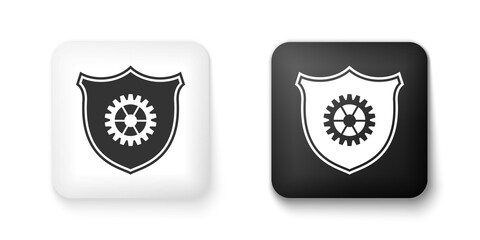 Fototapeta premium Black and white Shield with gear icon isolated on white background. Square button. Vector.