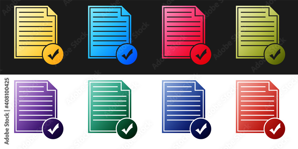 Poster set document and check mark icon isolated on black and white background. checklist icon. business co