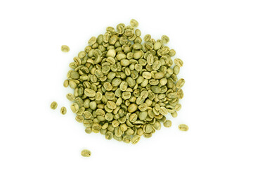 Green coffee beans pile top view isolated on white background