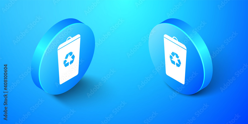 Poster isometric recycle bin with recycle symbol icon isolated on blue background. trash can icon. garbage 