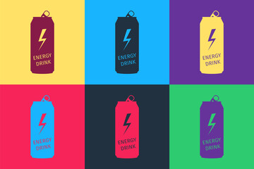 Pop art Energy drink icon isolated on color background. Vector.
