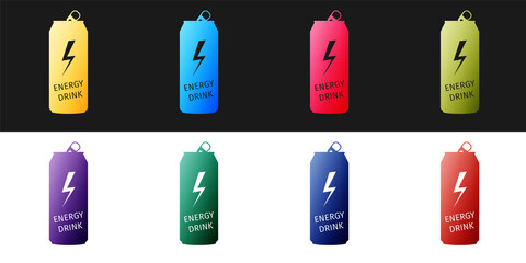 Set Energy drink icon isolated on black and white background. Vector.