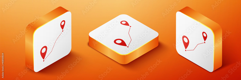 Poster isometric route location icon isolated on orange background. map pointer sign. concept of path or ro