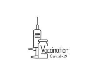 Injection icon drawing in outline style. Contour syringe sign with needle and medication. Vector