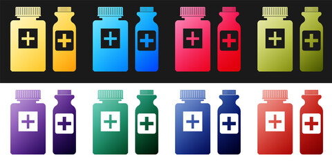 Set Medicine bottle icon isolated on black and white background. Bottle pill sign. Pharmacy design. Vector.