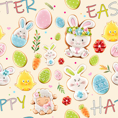 Easter ginger cookies on creamy background.
