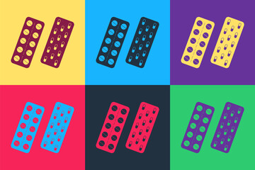 Pop art Pills or capsules in blister package icon isolated on color background. Tablets in package. Medications Accessory pharmacies and first aid kits. Vector.