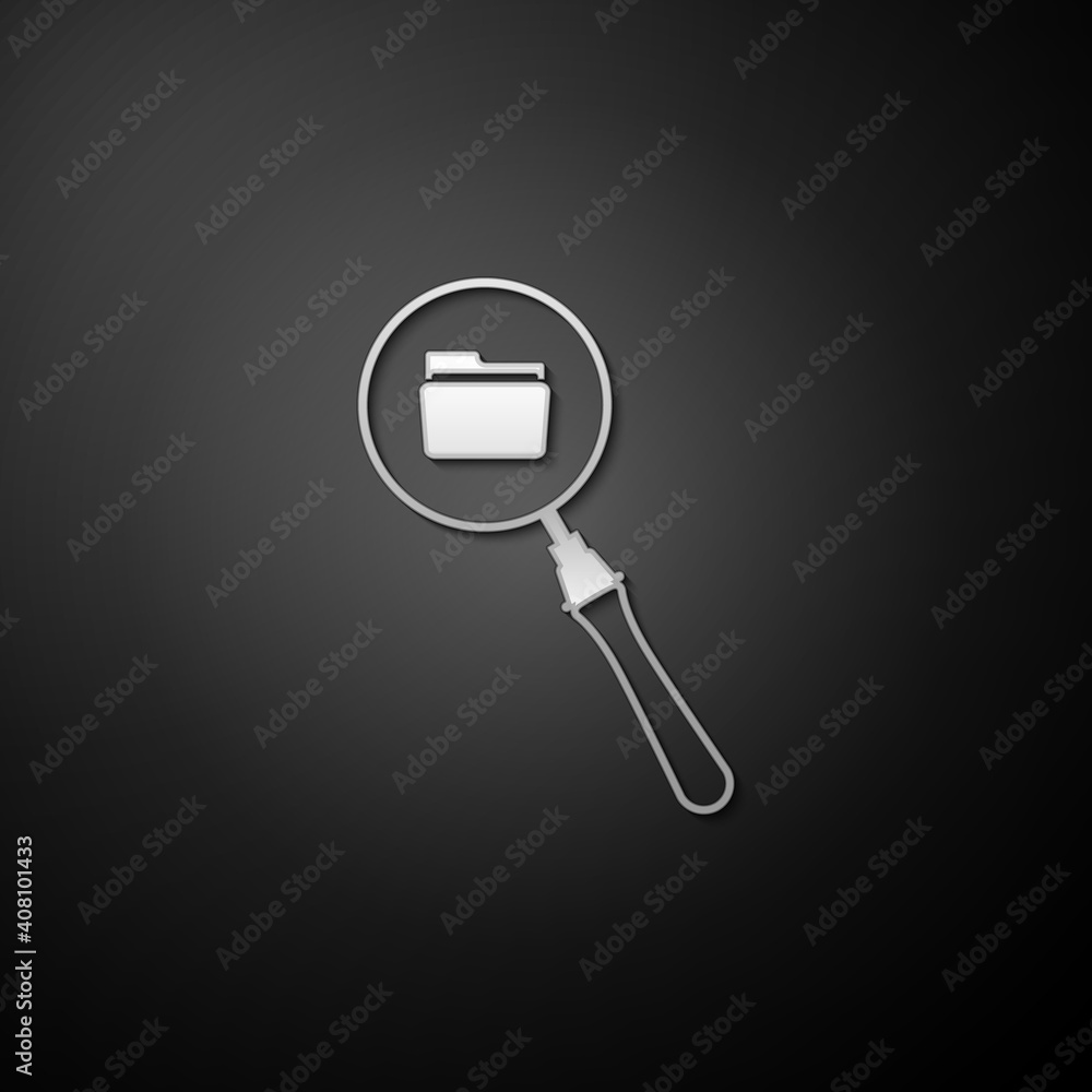 Poster silver search concept with folder icon isolated on black background. magnifying glass and document. 