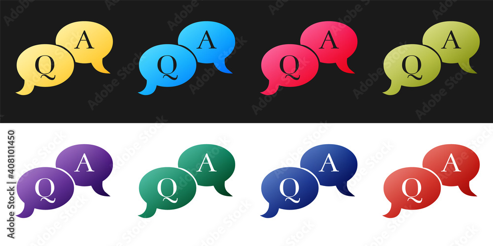Poster set question and answer mark in speech bubble icon isolated on black and white background. q and a s