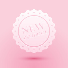 Paper cut New product label, badge, seal, sticker, tag, stamp icon isolated on pink background. Paper art style. Vector.