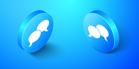 Isometric Blank speech bubbles icon isolated on blue background. FAQ sign. Copy files, chat speech bubble and chart web icons. Blue circle button. Vector.