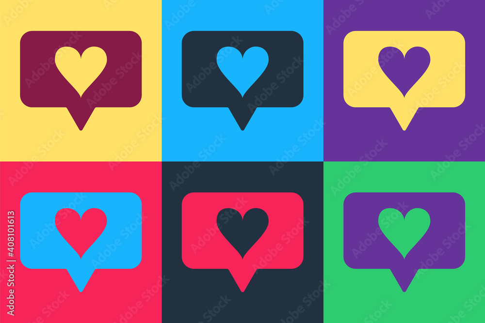 Poster pop art like and heart icon isolated on color background. counter notification icon. follower insta.