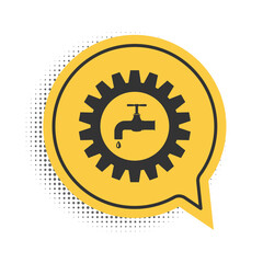 Black Gearwheel with tap icon isolated on white background. Plumbing work symbol. Yellow speech bubble symbol. Vector.