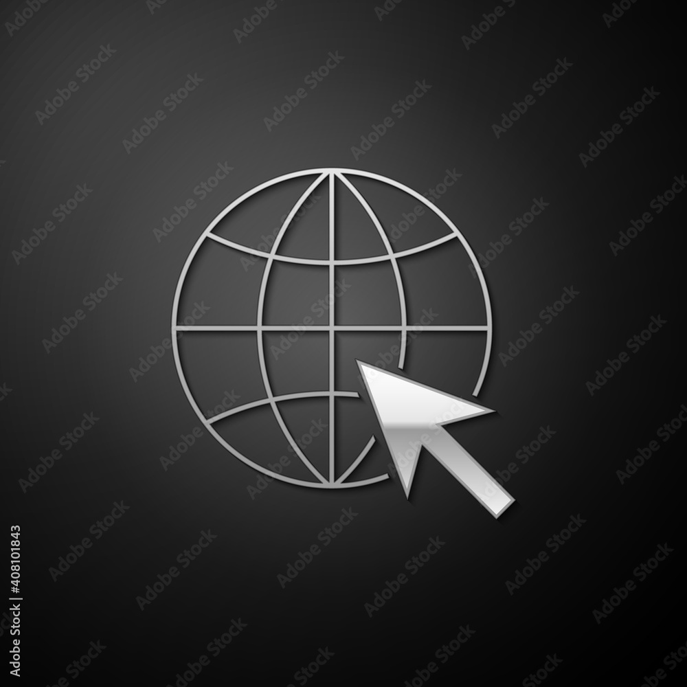 Poster silver go to web icon isolated on black background. globe and cursor. website pictogram. world wide 