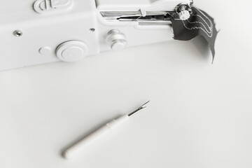 sewing tool on white background. Sewing items knolling on white background